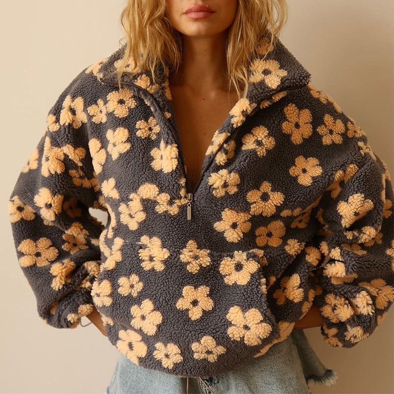 Womens Faux Lambskin Jacket-Printed Zip Up Coat with Plush Warmth for Spring Autumn and Casual Fashion
