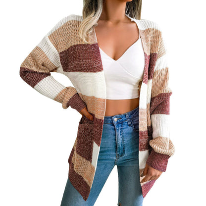 Blue Striped Knit Cardigan – Women's Long Sleeve Open Front Sweater for Casual Layering, Streetwear and Everyday Comfort