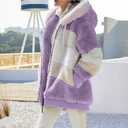 Womens Plush Hooded Winter Coat-Warm Patchwork Zip Jacket with Pockets for Casual Fashion and Everyday Comfort