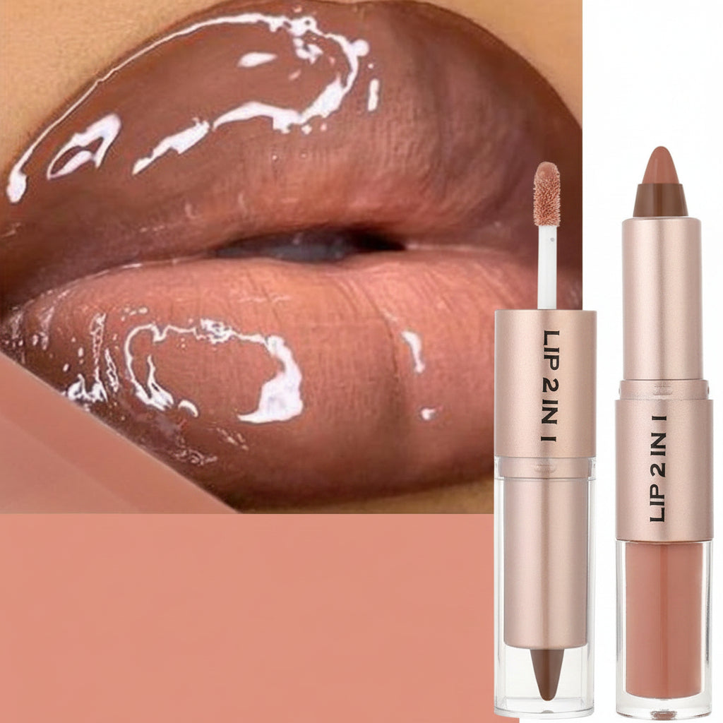 Double-Head Lip Liner and Gloss – Tapered Contour Pencil with Mirror, Plumping Crystal Lip Glaze and Sexy Red Tint for Defined Lips