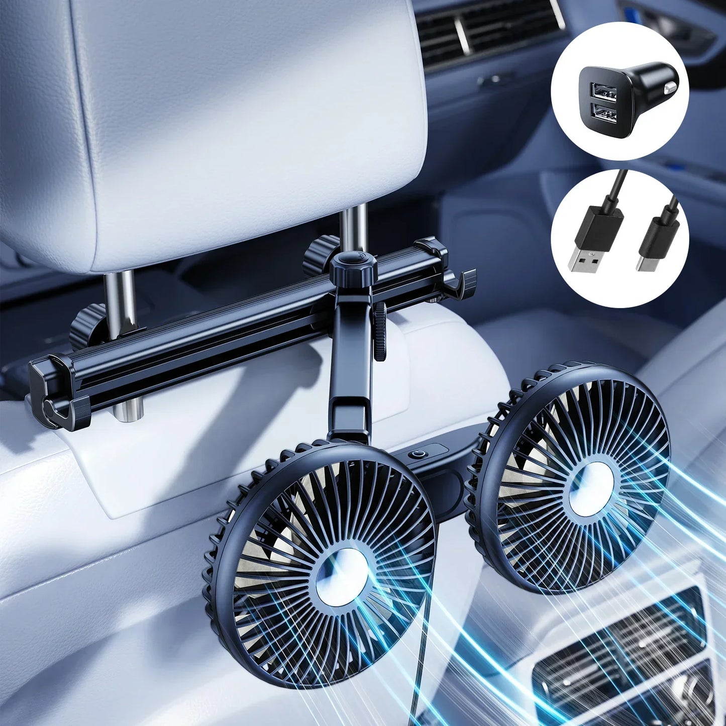 Dual Head Car Seat Fan - Adjustable Headrest Cooling Fan with 360 Degree Rotation and Quiet Airflow