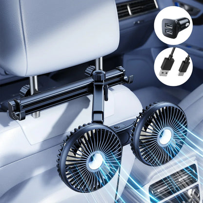 Dual Head Car Seat Fan - Adjustable Headrest Cooling Fan with 360 Degree Rotation and Quiet Airflow