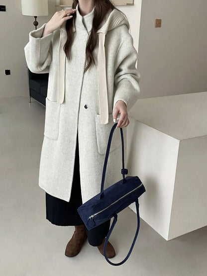 Women's Hooded Wool Coat – Thick Mid Length Winter Overcoat for Plus Size Comfort and Elegant Cold Weather Style