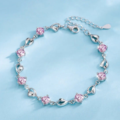 Sterling Silver Heart Bracelet – 925 Korean Pink Crystal Charm Jewelry with Romantic Design for Women, Parties, Anniversaries and Gifts