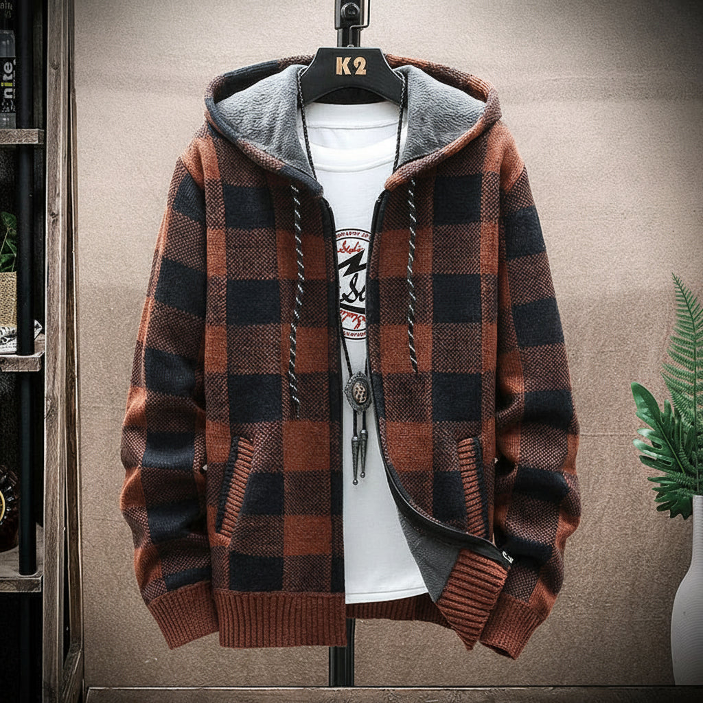 Men's Plaid Hooded Knit Cardigan – Warm Fleece Lined Winter Sweater Jacket with Zipper for Cold Weather Comfort