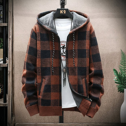 Men's Plaid Hooded Knit Cardigan – Warm Fleece Lined Winter Sweater Jacket with Zipper for Cold Weather Comfort