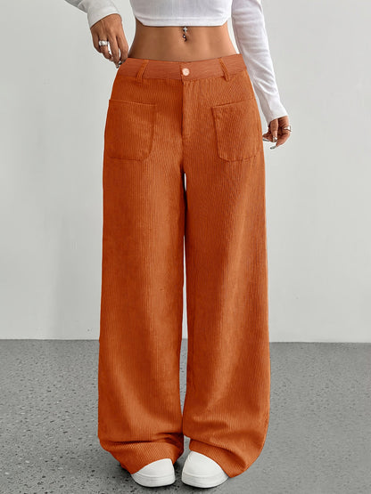 Women's High Waist Corduroy Pants - Wide Leg Relaxed Fit Trousers with Pockets for Fall Winter Casual Fashion