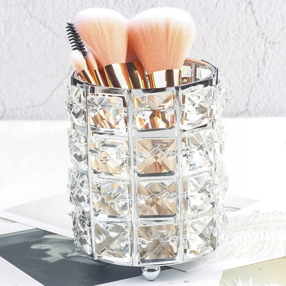 Crystal Makeup Brush Storage Tube – Elegant Metal Cosmetic Organizer for Eyebrow Pencils, Jewelry and Beauty Accessories with European Style