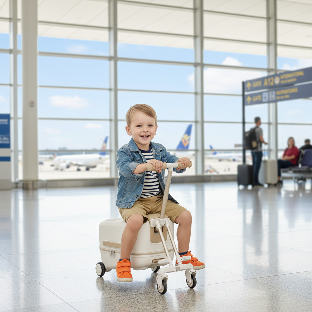 Kids Ride On Suitcase – Foldable Children's Travel Luggage with Seat, Cup Holder and Phone Holder for Easy Trips