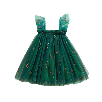 Princess Christmas Tulle Dress – Sleeveless Baby Girl Party Tutu Dress with Candy Cane Print for Holiday Celebrations