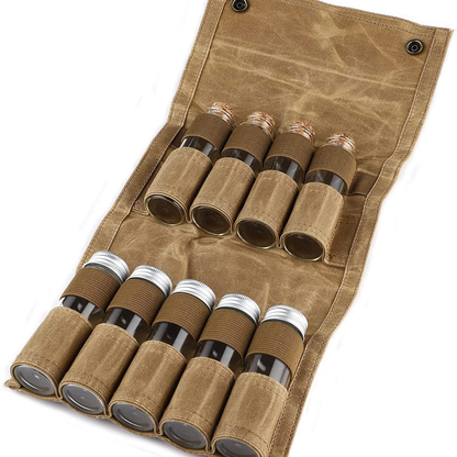 Camping Seasoning Bag Set – 9-Piece Canvas Jar Organizer for Spices, Barbecue Essentials and Picnic Condiments with Portable Outdoor Storage