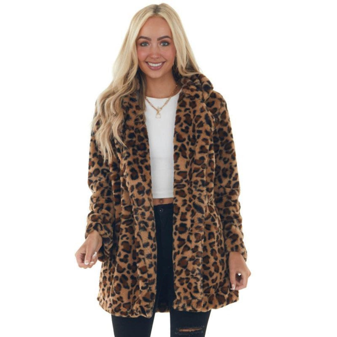 Leopard Print Faux Fur Coat-Womens Fashion Overcoat with Turn Down Collar and Cozy Winter Elegance