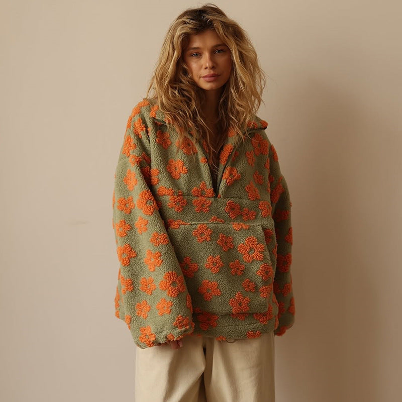 Womens Faux Lambskin Jacket-Printed Zip Up Coat with Plush Warmth for Spring Autumn and Casual Fashion