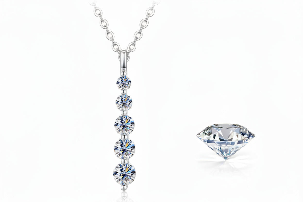 Five-Stone Moissanite Drop Necklace – Brilliant 14K Gold-Filled Long Pendant for Women, Wedding Jewelry, Romantic Gifts and Sophisticated Evening Styling