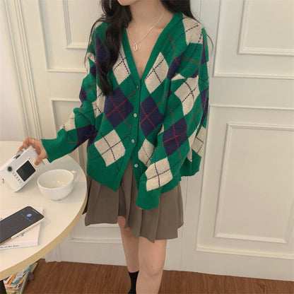 Korean Diamond Plaid Cardigan – Women's Loose Knit Sweater Coat for Warm Autumn Winter Layering and Casual Fashion
