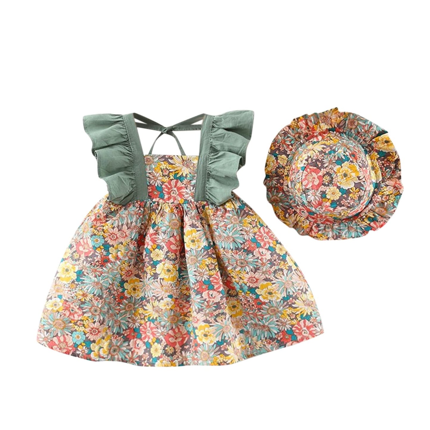 Baby Girl Princess Dress Set – Cotton Summer Outfit with Matching Flower Hat for Birthdays, Beach Trips and Parties