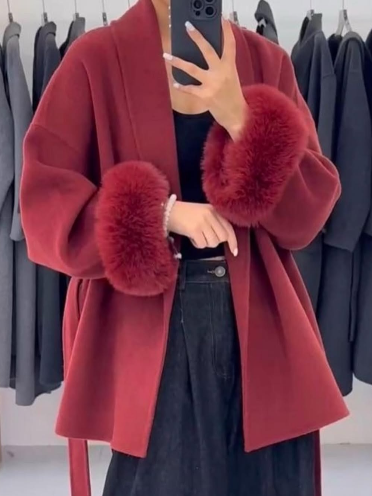 Elegant Double Sided Wool Belted Coat – Women’s Lace-Up Short Jacket with Fur Cuffs for Chic Autumn Winter Office and Everyday Style