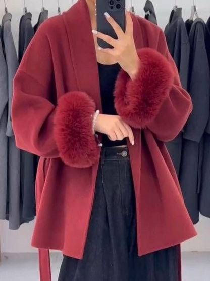 Elegant Double Sided Wool Belted Coat – Women’s Lace-Up Short Jacket with Fur Cuffs for Chic Autumn Winter Office and Everyday Style