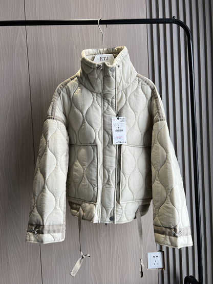 Women’s Quilted Drawstring Jacket – High Neck Cotton Padded Coat with Pockets for Casual Autumn Winter Layering Style