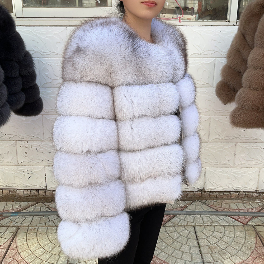 Real Fox Fur Winter Coat – Luxury Women’s Brown Fur Jacket with Premium Leather Design for Elegant Cold Weather Fashion