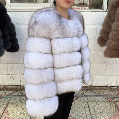 Real Fox Fur Winter Coat – Luxury Women’s Brown Fur Jacket with Premium Leather Design for Elegant Cold Weather Fashion