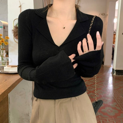 Women’s Knitted Long Sleeve Shirt – Casual Fashion Sweater Top with Modern Minimalist Design for Everyday Spring Style