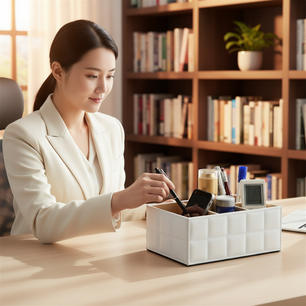 Luxury PU Leather Storage Box – Elegant Cosmetic Organizer with Makeup, Remote Control and Phone Holder for Home and Office