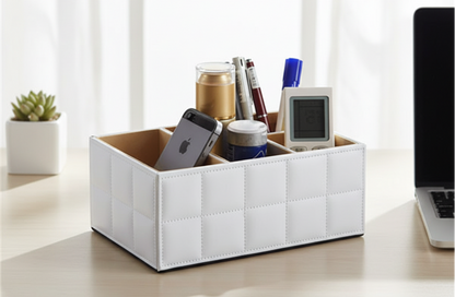 Luxury PU Leather Storage Box – Elegant Cosmetic Organizer with Makeup, Remote Control and Phone Holder for Home and Office