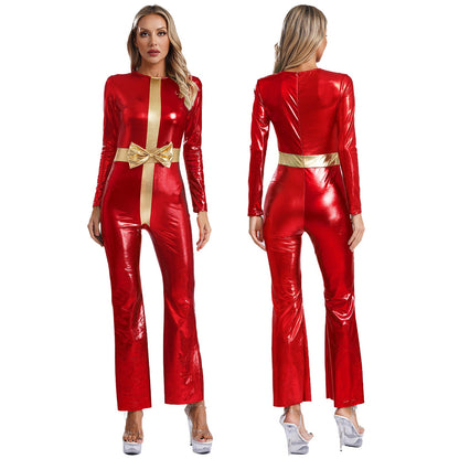 Metallic Santa Cosplay Jumpsuit – Women's Christmas Costume for Holiday Parties, Dance Performances and Festive Events