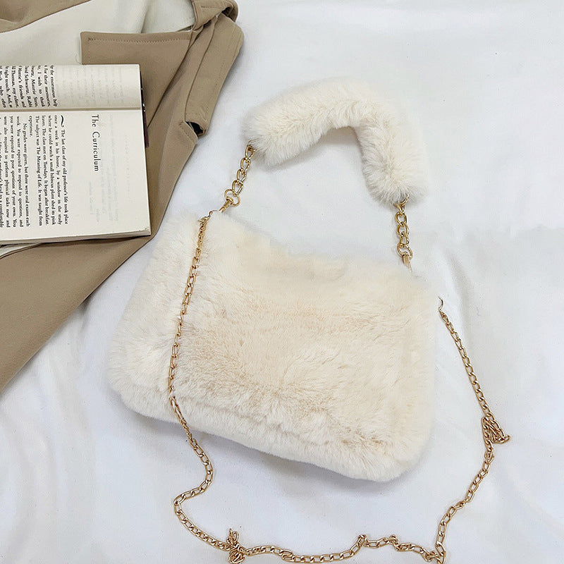 Fluffy Plush Shoulder Bag – Women's Soft Chain Underarm Handbag for Winter Fashion, Travel and Everyday Style