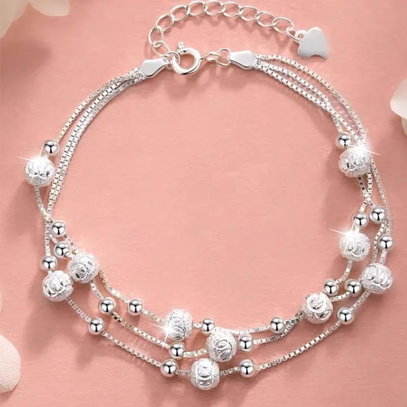 Sterling Silver Lucky Bead Bracelet – 925 Luxury Multi-Layer Charm Jewelry with Elegant Design for Women, Parties, Anniversaries and Gifts