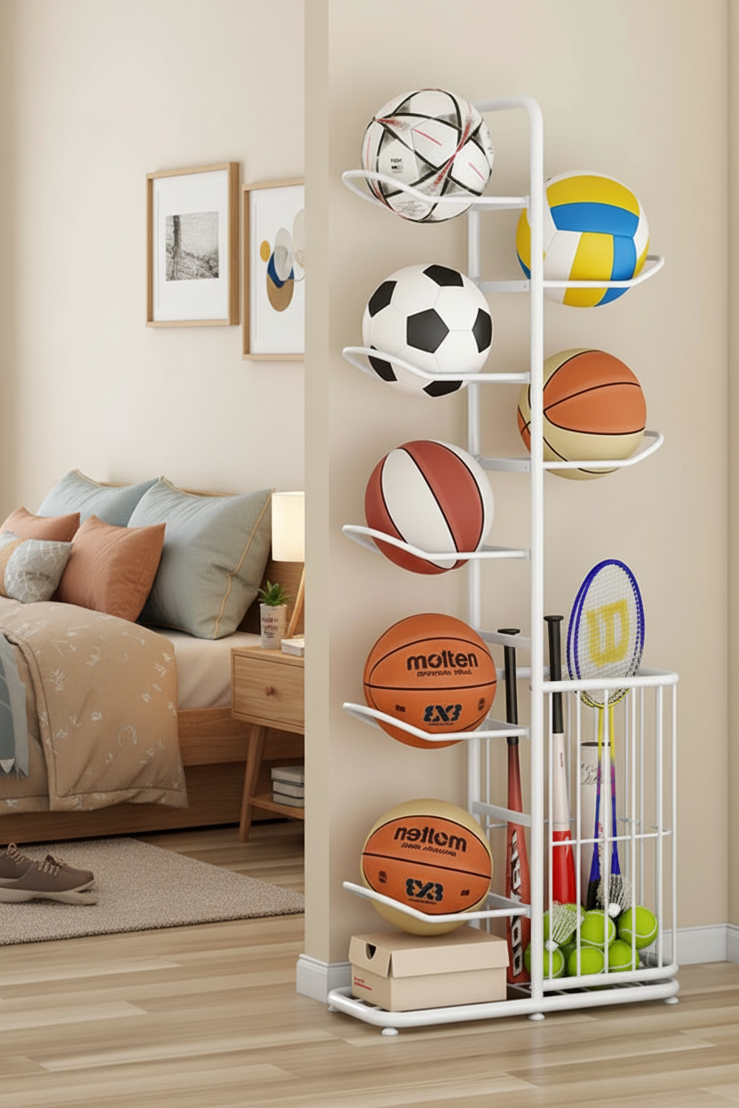 Kids Ball Storage Rack – Indoor Basketball, Football and Volleyball Organizer Stand for Playrooms, Kindergartens and Home Storage