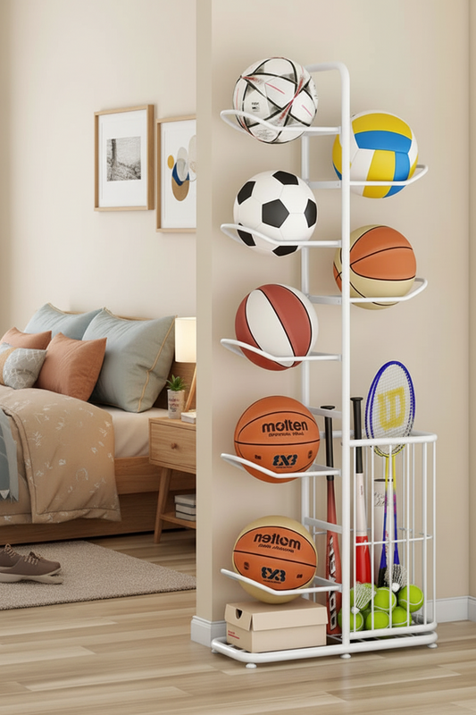 Kids Ball Storage Rack – Indoor Basketball, Football and Volleyball Organizer Stand for Playrooms, Kindergartens and Home Storage