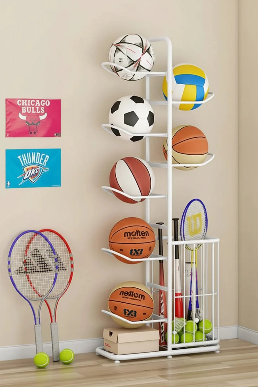 Kids Ball Storage Rack – Indoor Basketball, Football and Volleyball Organizer Stand for Playrooms, Kindergartens and Home Storage