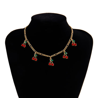 Red Cherry Pendant Necklace – Sweet Romantic Gold Tone Clavicle Chain Jewelry for Women and Girls, Fashionable Gift for Parties and Dates