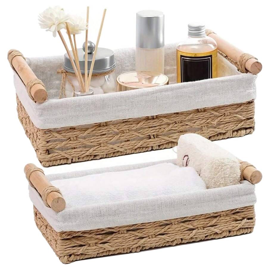 Wicker Storage Baskets – Decorative Organizer Bins with Handles for Bathroom, Countertop and Home Storage Solutions