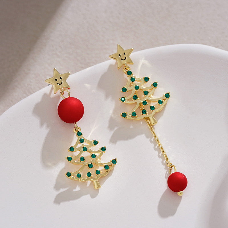 Christmas Ball Stud Earrings – Red Asymmetrical Snowflake and Reindeer Zircon Earrings for Women and Holiday Style