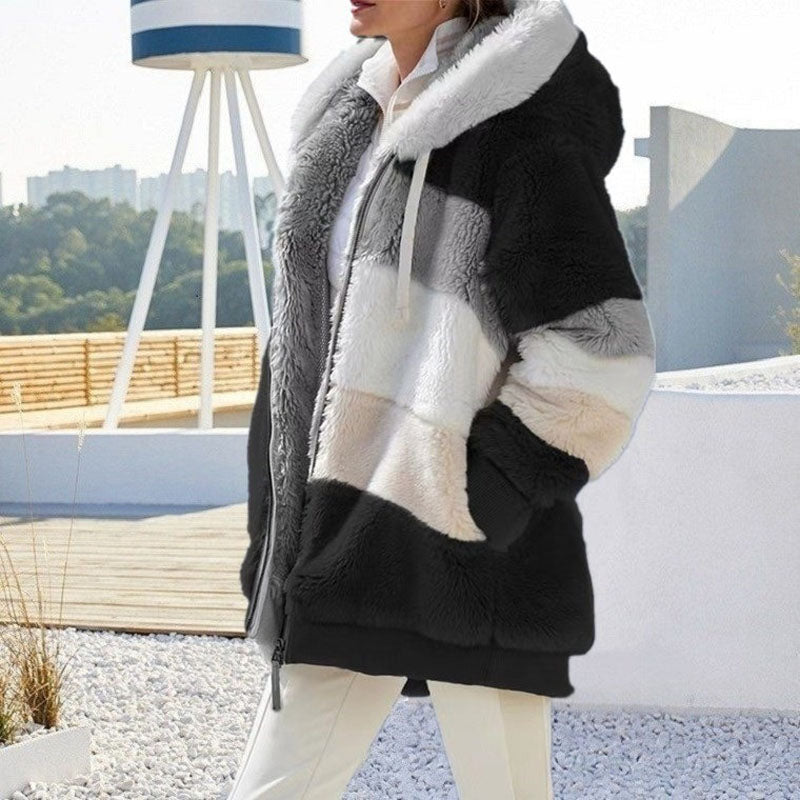 Womens Plush Hooded Winter Coat-Warm Patchwork Zip Jacket with Pockets for Casual Fashion and Everyday Comfort