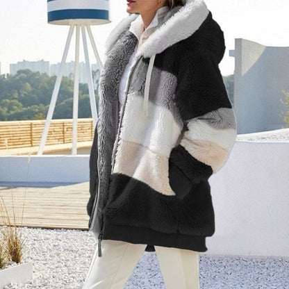 Womens Plush Hooded Winter Coat-Warm Patchwork Zip Jacket with Pockets for Casual Fashion and Everyday Comfort