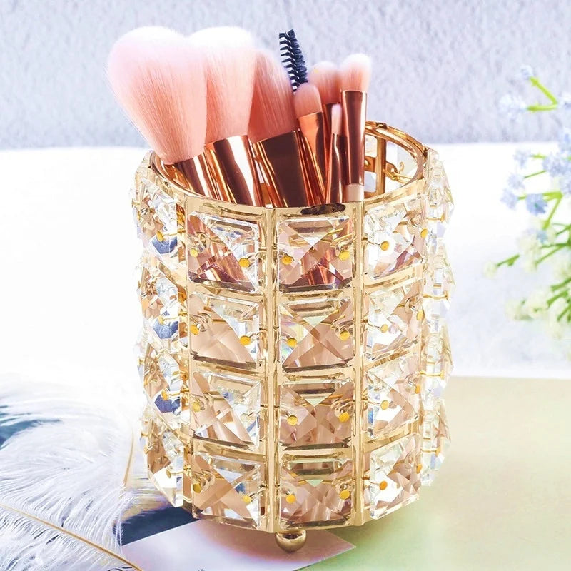 Crystal Makeup Brush Storage Tube – Elegant Metal Cosmetic Organizer for Eyebrow Pencils, Jewelry and Beauty Accessories with European Style