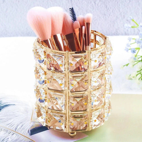 Crystal Makeup Brush Storage Tube – Elegant Metal Cosmetic Organizer for Eyebrow Pencils, Jewelry and Beauty Accessories with European Style