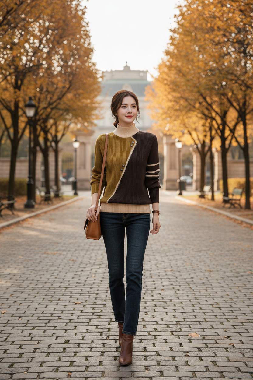 Half Turtleneck Knit Sweater – Women's Thick Long Sleeve Pullover for Cozy Autumn Winter Layering and Everyday Fashion