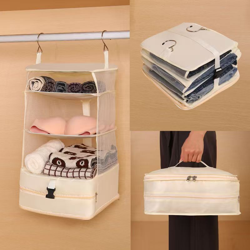Foldable Hanging Closet Organizer – Portable 3 Shelf Storage Bag for Travel Luggage, Wardrobe and Space Saving Clothing Organization