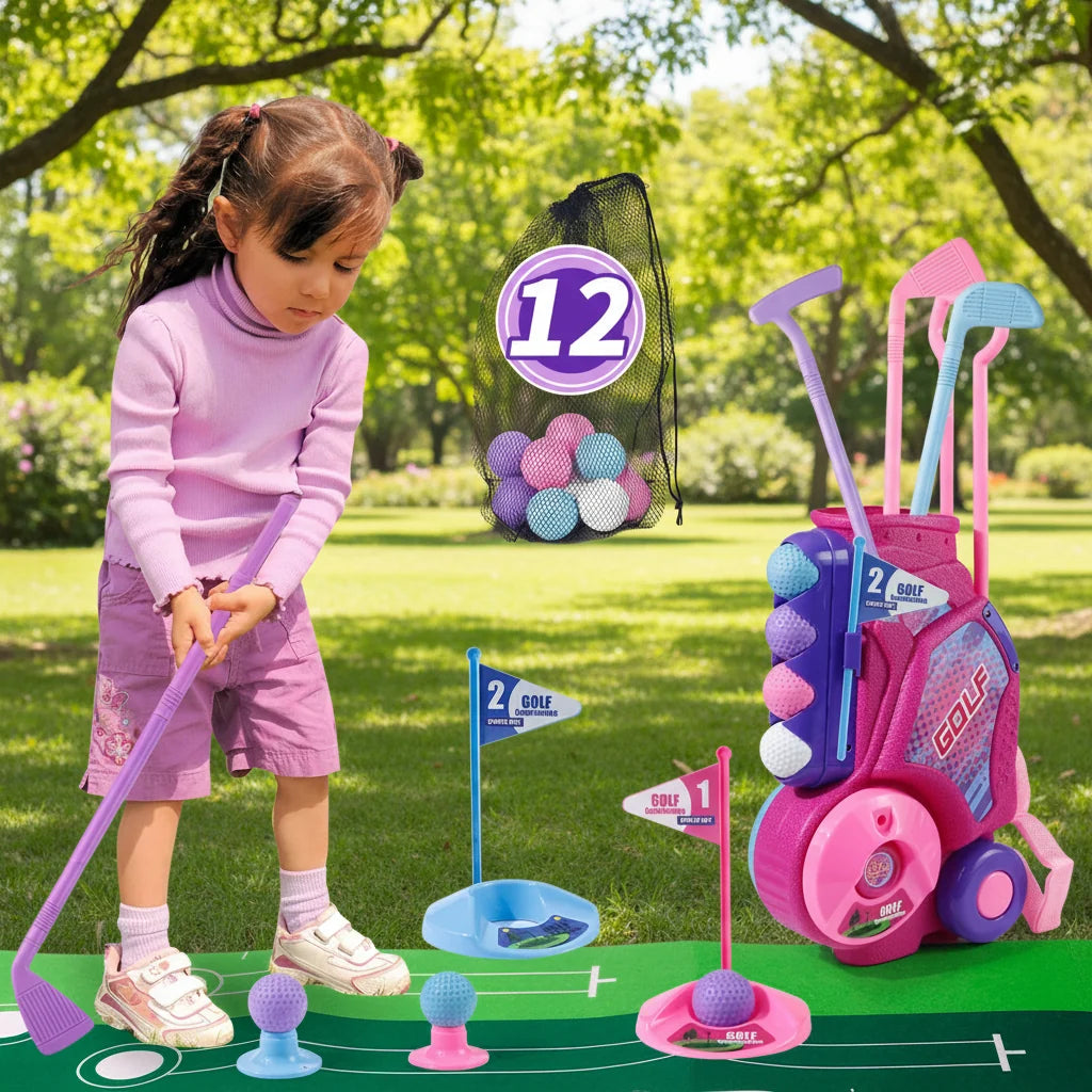Portable Pink Golf Toy Set - Indoor Outdoor Sports Game with Golf Cart and Balls for Kids Active Play