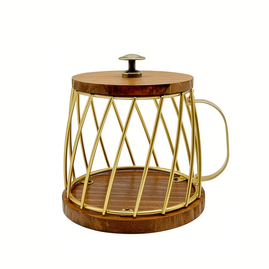 Mug-Shaped Coffee Pod Holder – Metal Capsule Storage Basket with Wooden Lid for Kitchen Countertops, Coffee Stations and Decorative Organization