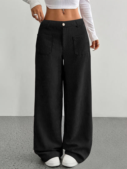 Women's High Waist Corduroy Pants - Wide Leg Relaxed Fit Trousers with Pockets for Fall Winter Casual Fashion