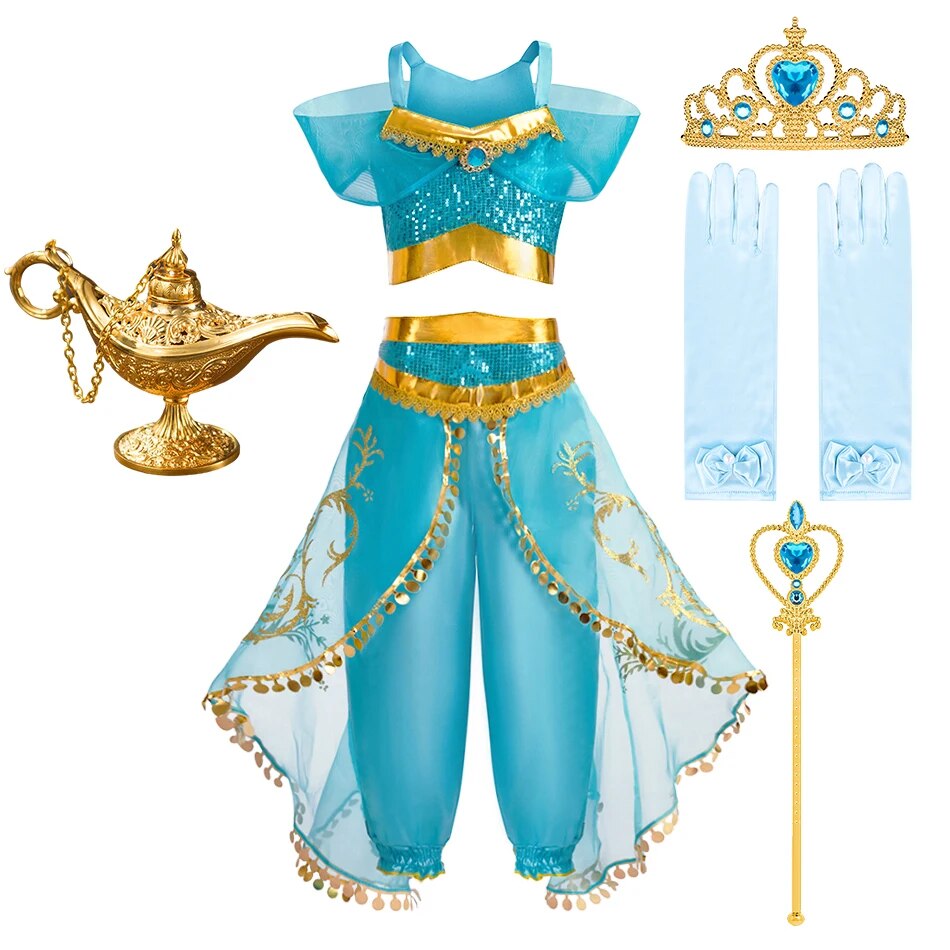 Kid's Arabian Princess Costume Dress - Jasmine Inspired Halloween Outfit for Girls with Sequins for Parties and Cosplay Events
