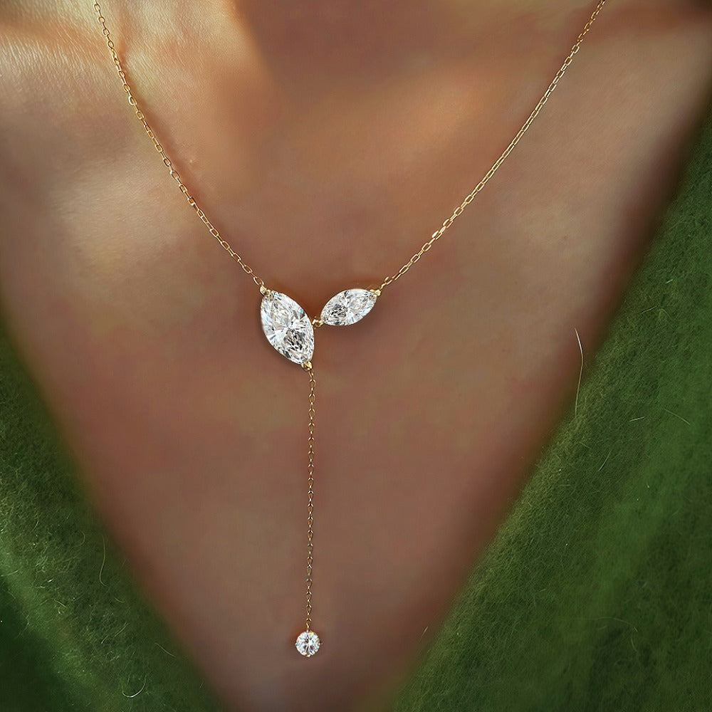 Certified Marquise Moissanite Lariat Necklace – S925 Silver 4cttw Lab Diamond-Look Y-Style Tassel Pendant for Women, Weddings, Parties and Elegant Gifts