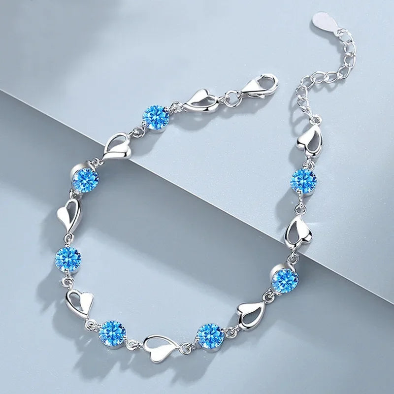 Sterling Silver Heart Bracelet – 925 Korean Pink Crystal Charm Jewelry with Romantic Design for Women, Parties, Anniversaries and Gifts