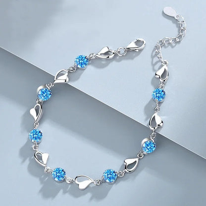 Sterling Silver Heart Bracelet – 925 Korean Pink Crystal Charm Jewelry with Romantic Design for Women, Parties, Anniversaries and Gifts